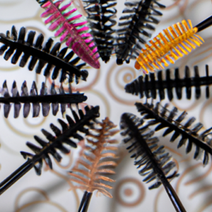 A close-up of a colorful assortment of mascara brushes arranged in a circle.