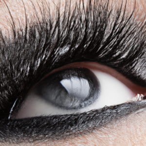 A close-up of a black and grey smokey eye look with trails of mascara.