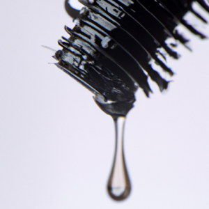 A close-up of a tube of mascara with droplets of product dripping down the side.