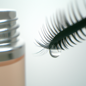 A close-up of a single eyelash with a bottle of serum in the background.