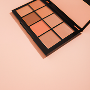 Soft pink and peach gradient background with a neutral-toned eye shadow palette in the center.