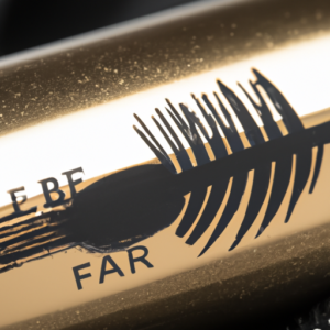 A close-up of a tube of mascara with a black and gold label.