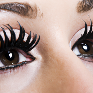 A close up of a pair of eyes with black mascara smudged around the eyelashes.