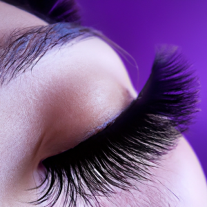 A close-up of lush, long eyelashes with an eye-catching purple background.