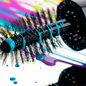 A close up of a colorful mascara wand with drops of product on its bristles.