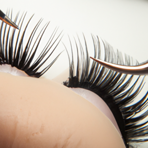 A closeup of a pair of false eyelashes being carefully attached to a natural lash line.