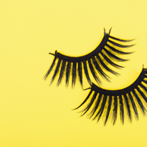 A pair of false eyelashes against a bright yellow background.