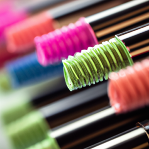 A close-up of a colorful palette of mascara tubes.