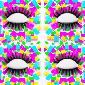 A pair of colorful false eyelashes arranged in an abstract geometric pattern.