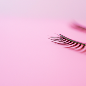 A close-up of a set of long, lush eyelashes with a bright pink background.