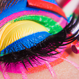 A close-up of a colorful eye, with one lid open and one closed, surrounded by a variety of mascaras.