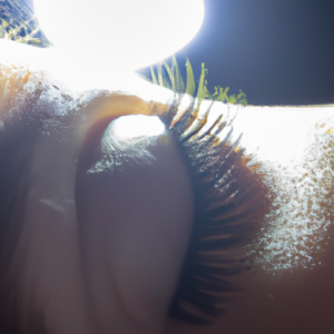A close-up of a set of long, healthy eyelashes, illuminated by a bright light.