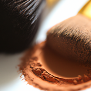 A close-up of a circular makeup brush highlighting two different shades of brown powder.