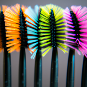 A close-up of a variety of colorful mascara brushes arranged in a fan-like shape.