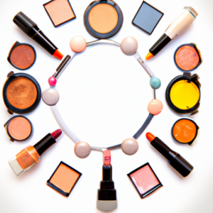 Brightly colored makeup products arranged in a circular pattern on a white background.