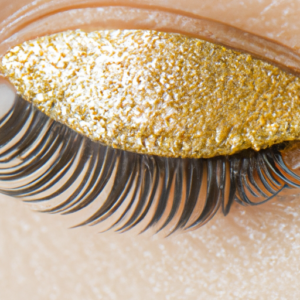 A close-up of a single eyelash with curled tips and a gold sparkle for added protection.