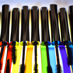 Suggested AI Image Generation Prompt: A close-up of a variety of mascaras arranged in a rainbow spectrum.
