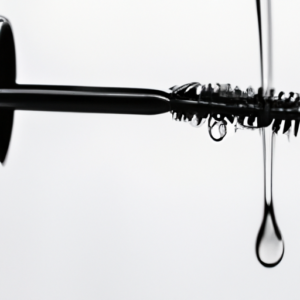 A close-up of a mascara wand dripping with black liquid.