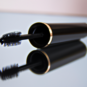 A close-up of a mascara tube, with a glossy black finish.