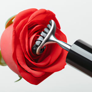 Close-up of a mascara wand curling the petals of a rose.