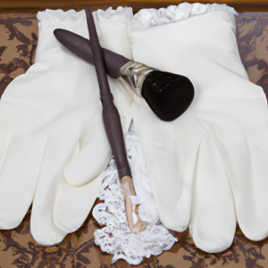 A pair of white lace wedding gloves with a mascara brush sitting on top.