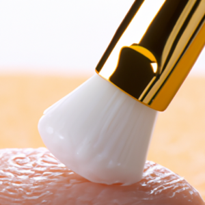 A close-up shot of a natural, glowing skin surface with a small cleansing brush on top.
