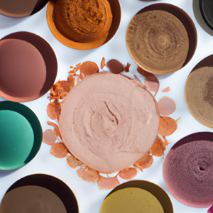 A close-up of a variety of colorful organic makeup products arranged in a circular pattern.