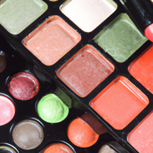 A close-up of a colorful makeup palette with various shades of eyeshadow, blush, and lipstick.