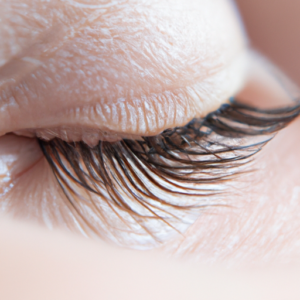 A close-up of a pair of mascara-covered eyelashes.