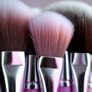 A close up of pink and purple pastel-colored makeup brushes in a fan shape.
