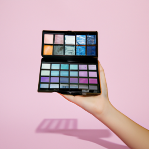 Suggestion: A colorful eyeshadow palette held up against a light pink background.