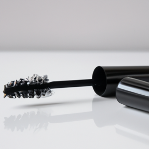 Close-up of a mascara wand brushing against a white background.