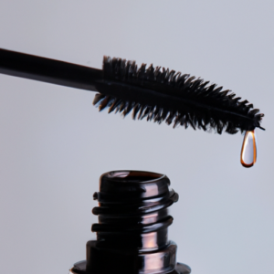 A close-up of a mascara wand with a droplet of product on the tip.
