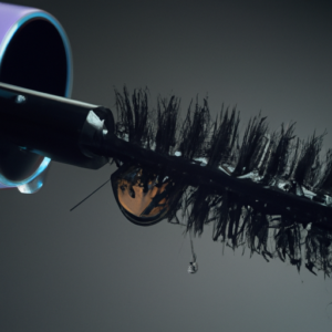 A close-up of a mascara wand with droplets of mascara on the bristles.