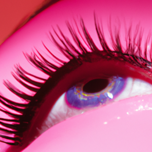 A close-up of an eye with long eyelashes curling up towards the outer edge, surrounded by a bright pink halo.