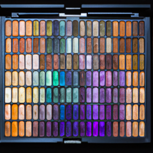 Suggestion: A vibrant, colorful eyeshadow palette arranged in a symmetrical pattern.