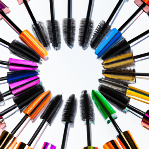 A close-up of an array of colorful mascara tubes arranged in a fan shape.