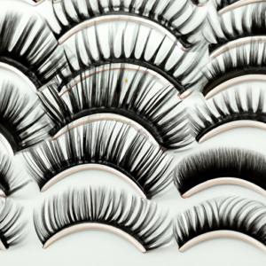 A close-up of a variety of different false eyelashes arranged in a fan shape.