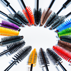 A close-up of a selection of colorful mascara tubes arranged in a fan shape.