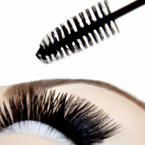 A close up of a pair of eyelashes against a white background with a black mascara wand hovering close to them.