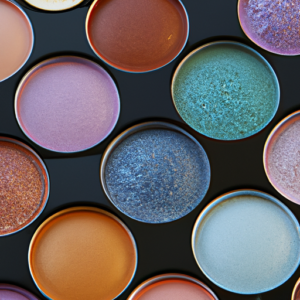A close-up of a variety of brightly-colored eyeshadow palettes arranged in a circle.