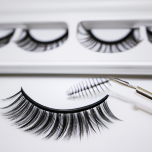 A close-up of a set of eyelashes, with one lash with a mascara wand and the other with a lash extension.