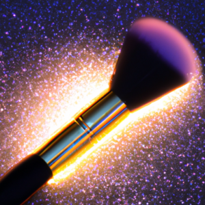 A glowing golden makeup brush surrounded by a shimmering pink aura.