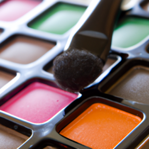 A close-up of a colorful eye shadow palette with a brush sitting atop it.