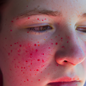 A close-up of a face with pink and red blemishes, covered in a light layer of translucent powder.