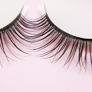 Close up of a pair of false eyelashes against a pink background.