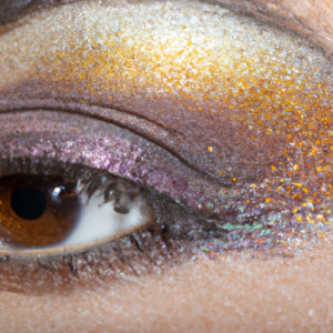 A close-up of an eye with a glittery eyeshadow effect.