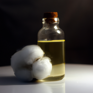 A close-up of a bottle of oil and a cotton ball.
