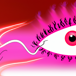 A bright pink eye with long exaggerated eyelashes and a wisp of smoke in the background.