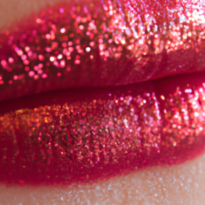 A close-up of a pink and red gradient lip shape with a few sparkles.